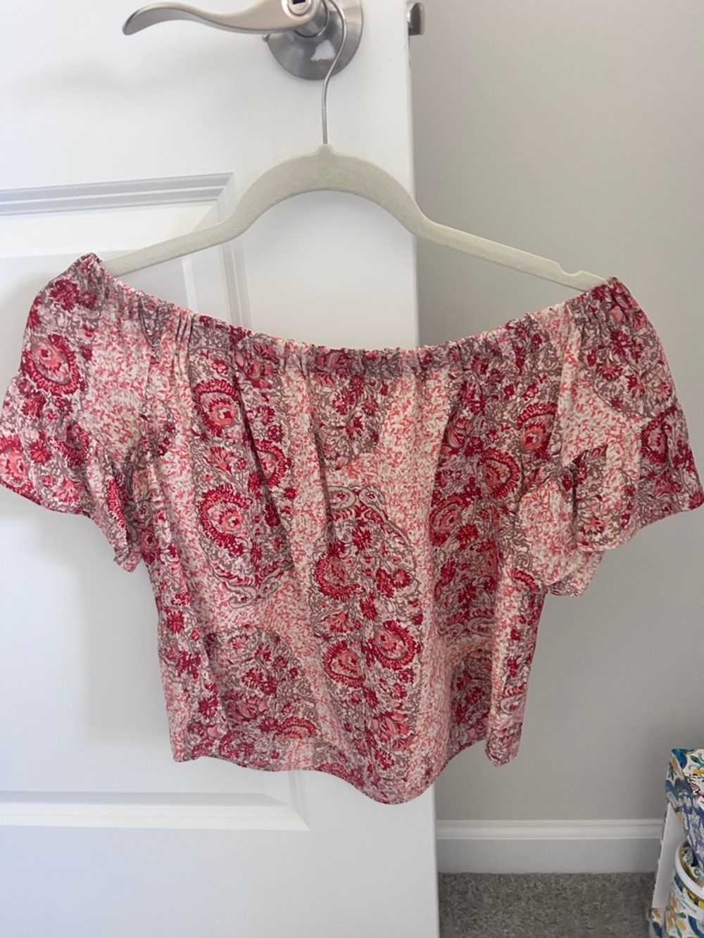 Madewell Red Paisley Off-Shoulder Crop Top
